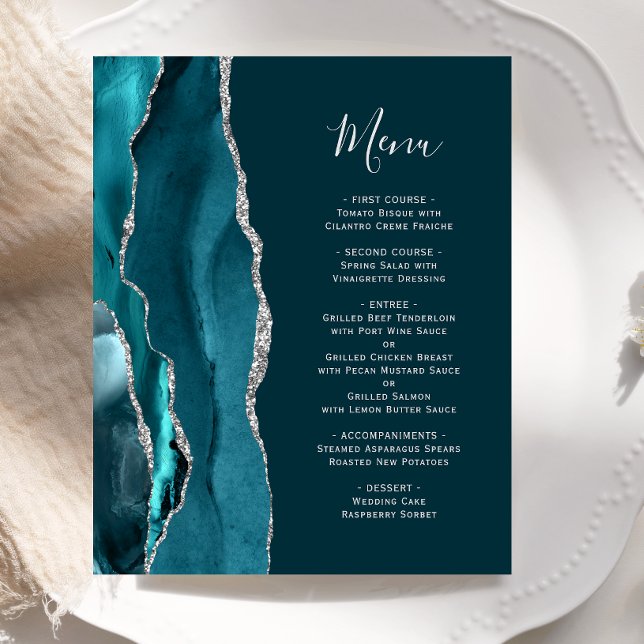Budget Dark Teal Silver Agate Wedding Menu (Creator Uploaded)