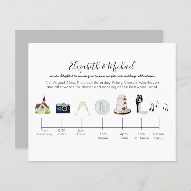 Budget Day of Wedding Timeline Modern Invitations (Front/Back)