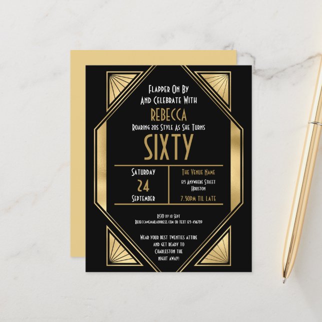 Budget Deco 60th Birthday Gold Black Invitation (Front/Back In Situ)