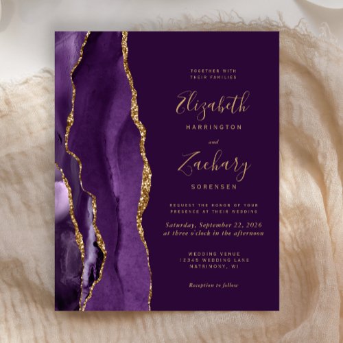 Budget Deep Purple Gold Agate Wedding Invitation