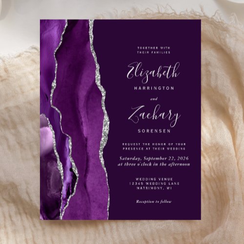 Budget Deep Purple Silver Agate Wedding Invitation