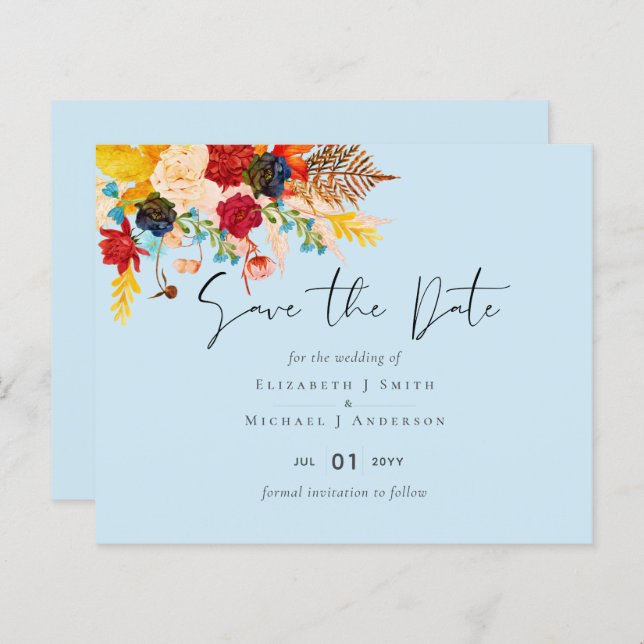 Budget Deep Red Blue Teal Cinnamon Save the Date (Front/Back)