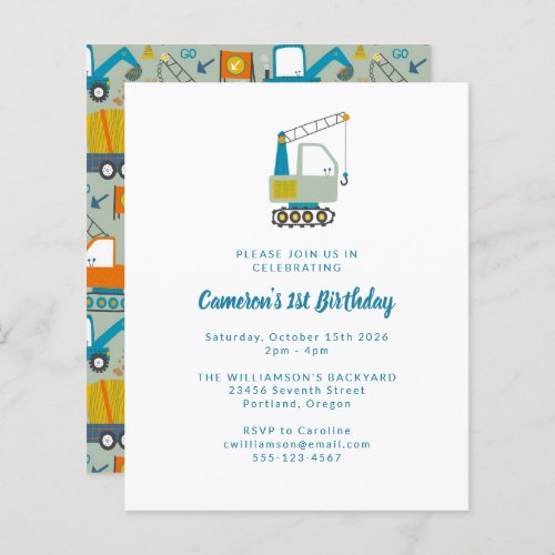 Budget Diggers Trucks Blue 1st Birthday Invitation