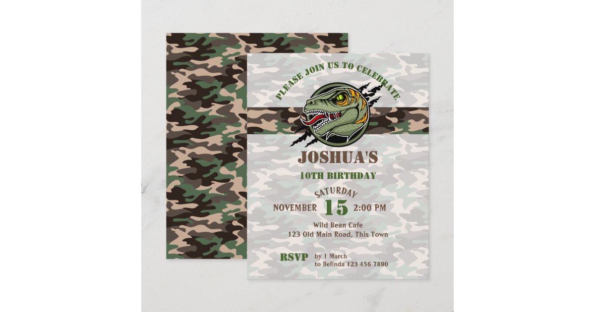 Budget Dinosaur birthday raptor camouflage invite | Zazzle