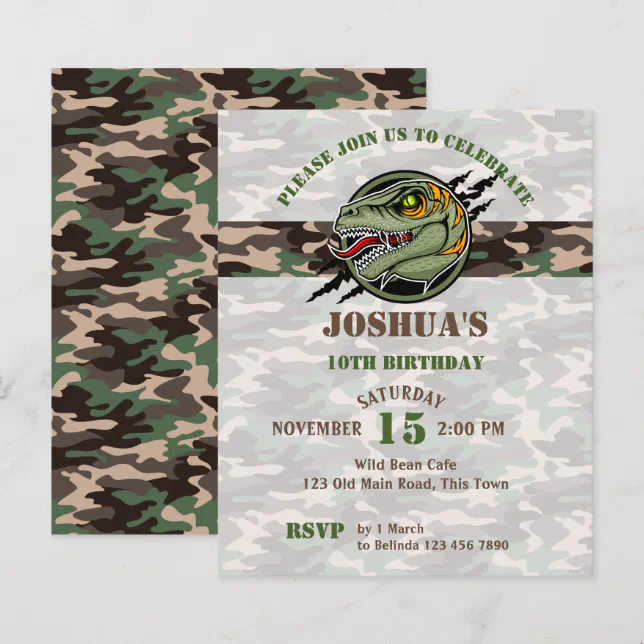 Budget Dinosaur birthday raptor camouflage invite | Zazzle