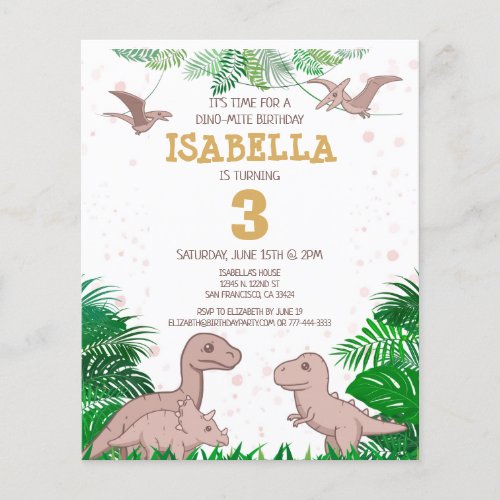 Budget Dinosaur Kids Dino Girl Birthday Invitation Flyer