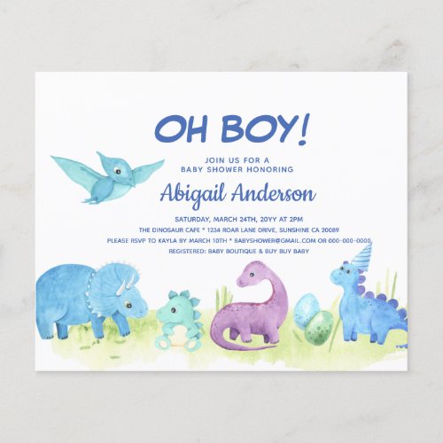 BUDGET Dinosaur Oh Boy Baby Shower Invitation Flyer