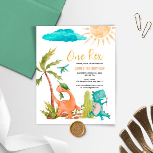 Budget Dinosaur One Rex Birthday Invitation