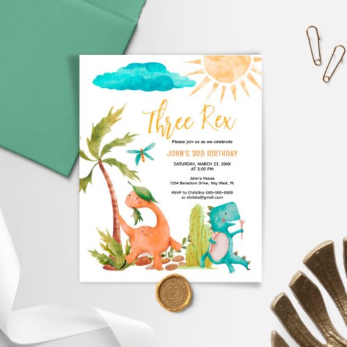 Budget Dinosaur Three Rex Birthday Invitation