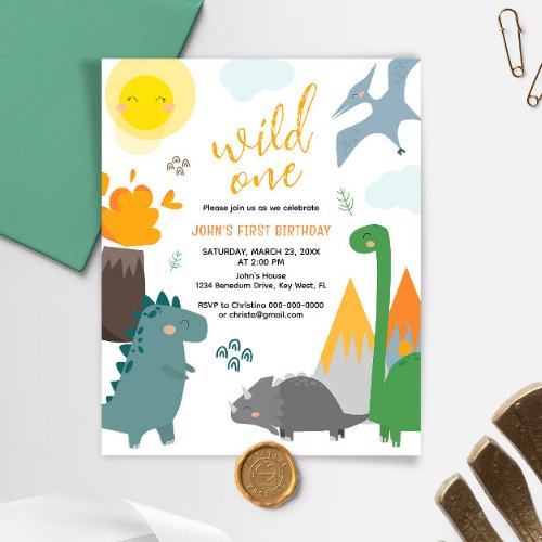 Budget Dinosaur Wild One 1st Birthday Invitation