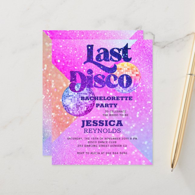Budget disco bachelorette party invitation (Front/Back In Situ)