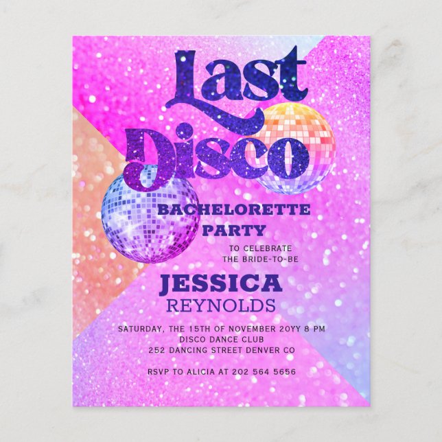 Budget disco bachelorette party invitation flyer (Front)