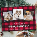 Budget Dog Custom Pet Photo Red Plaid Christmas Note Card<br><div class="desc">We Woof You A Merry Christmas! Send cute and fun holiday greetings with this super cute personalized custom pet photo holiday card. Merry Christmas wishes from the dog with cute paw prints in a fun modern photo collage design. Add your dog's photos or family photos with the dog, and personalize...</div>