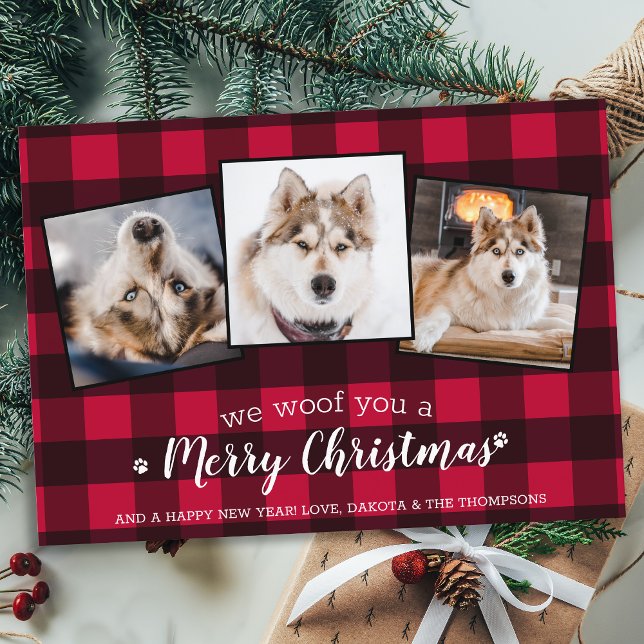 Budget Dog Custom Pet Photo Red Plaid Christmas Note Card (Creator Uploaded)