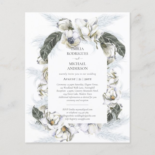 BUDGET Double Sided BILINGUAL Wedding White Floral Flyer (Front)