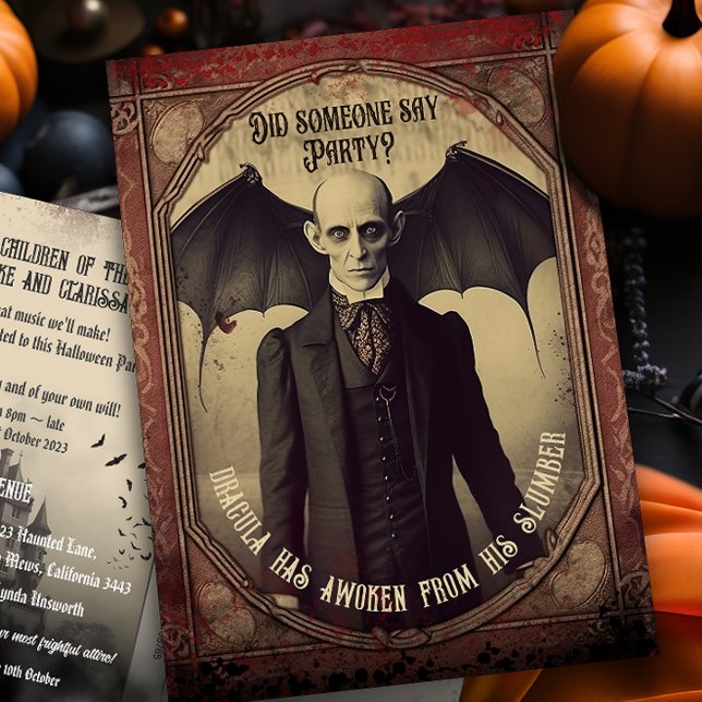 Budget Dracula Halloween Invitation (Budget Dracula Adult Halloween Party Postcard Invitation. Vintage Victorian Charm.)