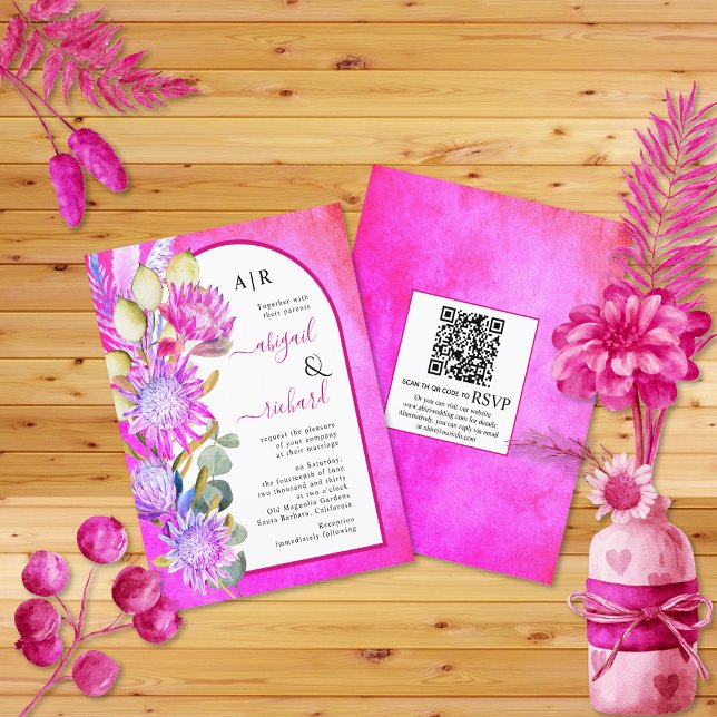 BUDGET Dried flowers QR magenta wedding invitation (Creator Uploaded)