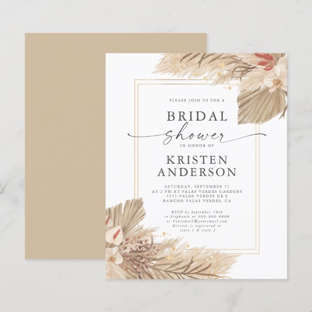 Budget Dried Palm Watercolor Bridal Shower Invite (Front/Back)