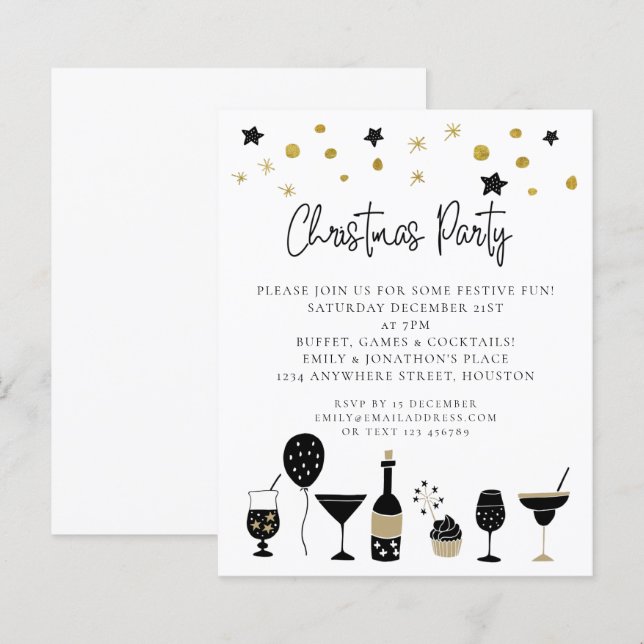 Budget Drinks Gold Black Christmas Party Invite (Front/Back)
