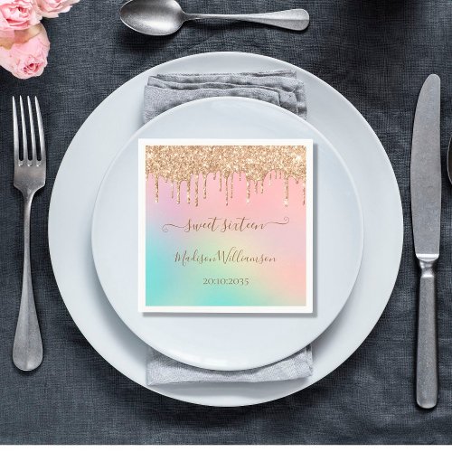 Budget Dripping Gold Glitter Sweet 16 Birthday Napkins