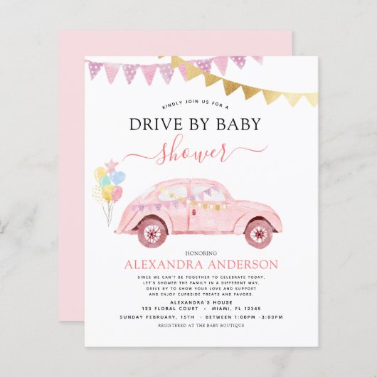 Budget Drive By Baby Shower Blush Pink Gold Foil (Front/Back)