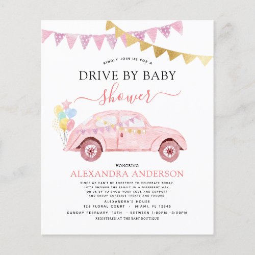 Budget Drive By Baby Shower Blush Pink Gold Foil Flyer