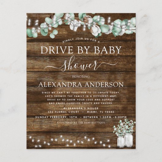 Budget Drive By Baby Shower Eucalyptus Rustic Wood (Front)