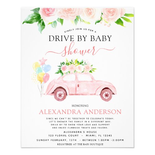 Budget Drive By Baby Shower Floral Blush Pink Flyer