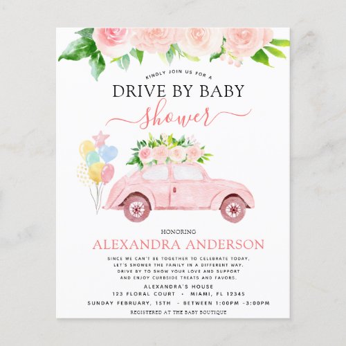 Budget Drive By Baby Shower Floral Blush Pink Flyer