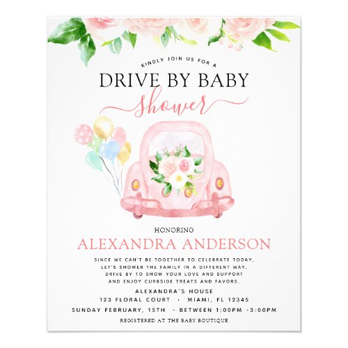 Budget Drive By Baby Shower Floral Blush Pink Flyer