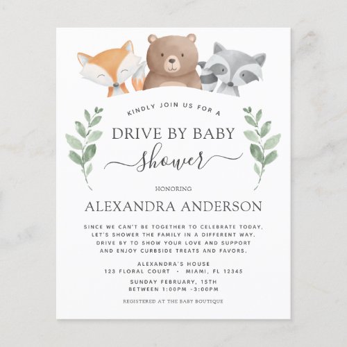 Budget Drive By Baby Shower Woodland Eucalyptus Flyer