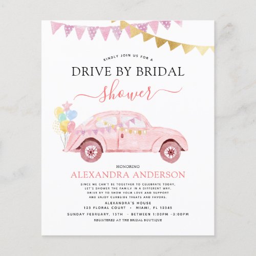 Budget Drive By Bridal Shower Blush Pink Gold Foil Flyer