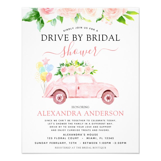Budget Drive By Bridal Shower Floral Blush Pink Flyer (Front)