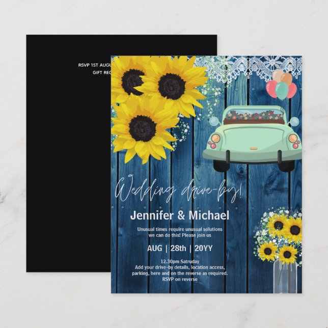 Budget Drive-BY Wedding Invites -Cartoon Couple (Front/Back)