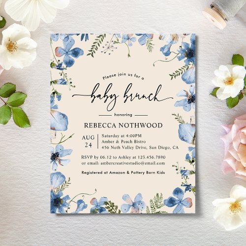 Budget Dusky Blue Flora Baby Brunch Invitation