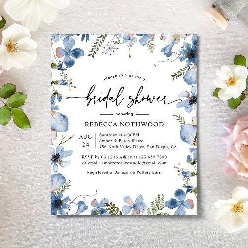 Budget Dusky Blue Florals Bridal Shower Invitation
