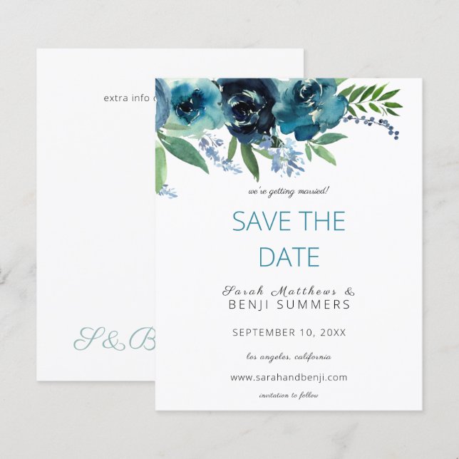 Budget Dusty Blue 2 Floral Save the Date V3 (Front/Back)
