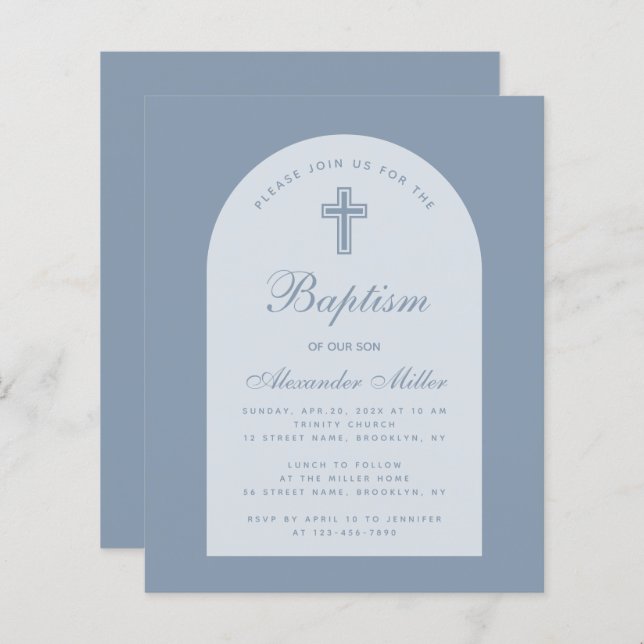 Budget Dusty Blue Arch Boy Baptism Invitation (Front/Back)
