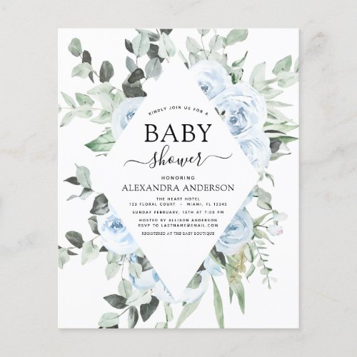 Budget Dusty Blue Baby Shower Floral Greenery Flyer