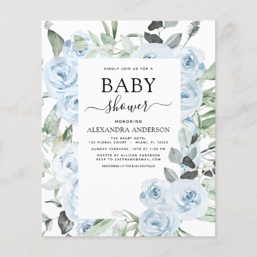 Budget Dusty Blue Baby Shower Floral Greenery Flyer