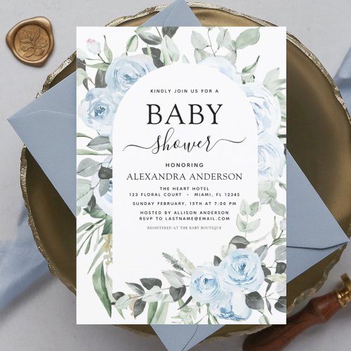 Budget Dusty Blue Baby Shower Floral Invitation