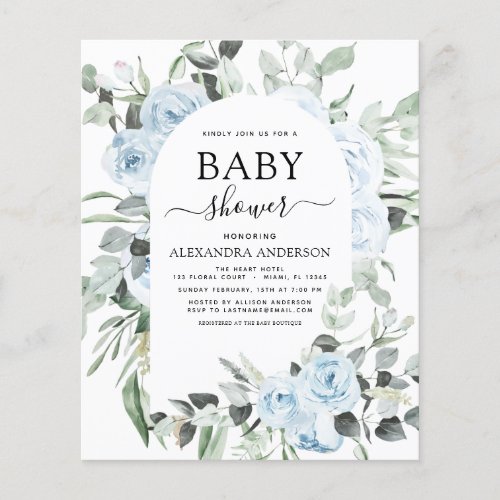 Budget Dusty Blue Baby Shower Floral Invitation Flyer
