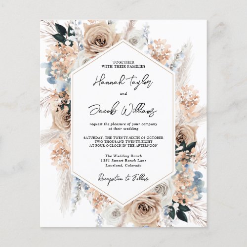 Budget Dusty Blue Beige Floral Wedding Invite
