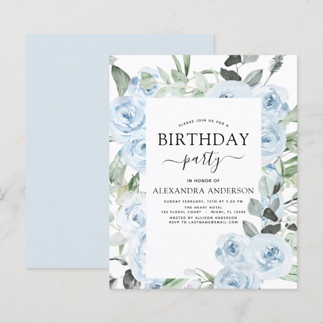 Budget Dusty Blue Birthday Party Floral Invitation (Front/Back)