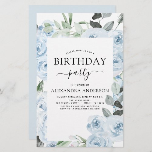 Budget Dusty Blue Birthday Party Floral Invitation