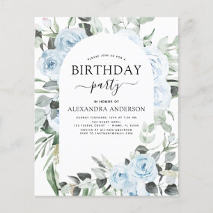 Budget Dusty Blue Birthday Party Floral Invitation Flyer