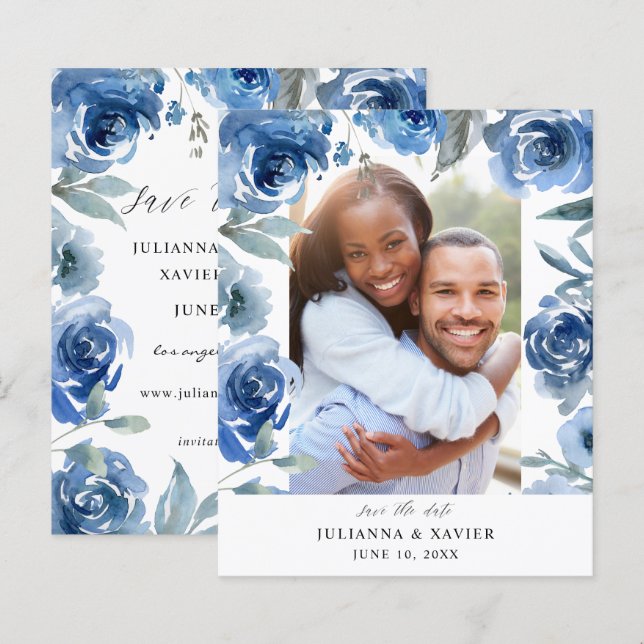 Budget Dusty Blue & Blu Floral Save the Date Photo (Front/Back)