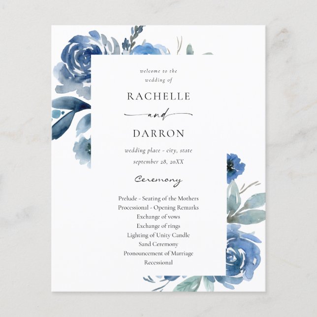 Budget Dusty Blue & Blue Floral Wedding Ceremony Flyer (Front)