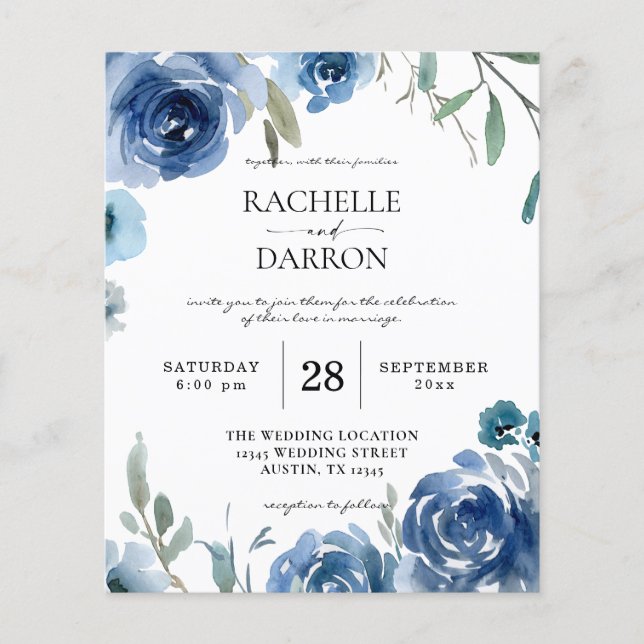 Budget Dusty Blue & Blue Floral Wedding Flyer (Front)