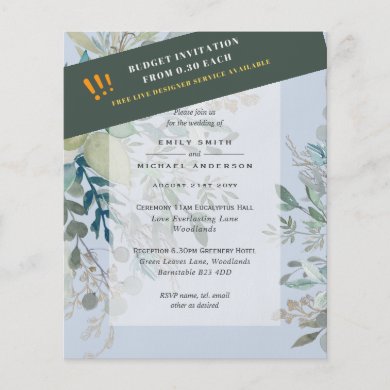 BUDGET Dusty Blue Blush Pink EUCALYPTUS Invitation Flyer